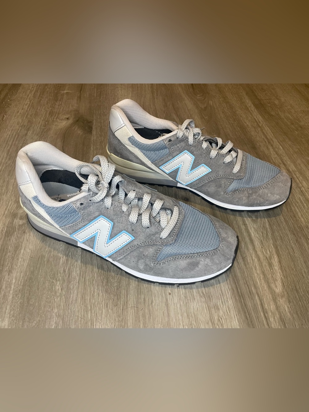 New Balance Men’s Gray Suede & Mesh Sneakers with Light Blue Logo